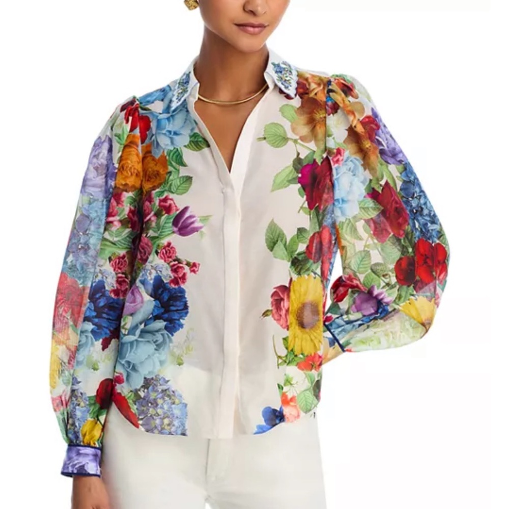 Alice + Olivia Roanne Floral Cotton Silk Multicolor Blouse Top New without tags